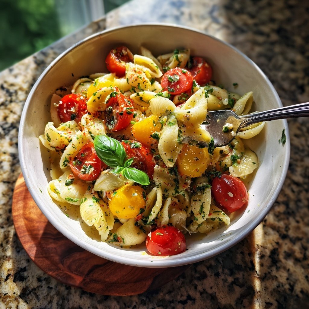 Mediterraner Nudelsalat Mit Basilikum